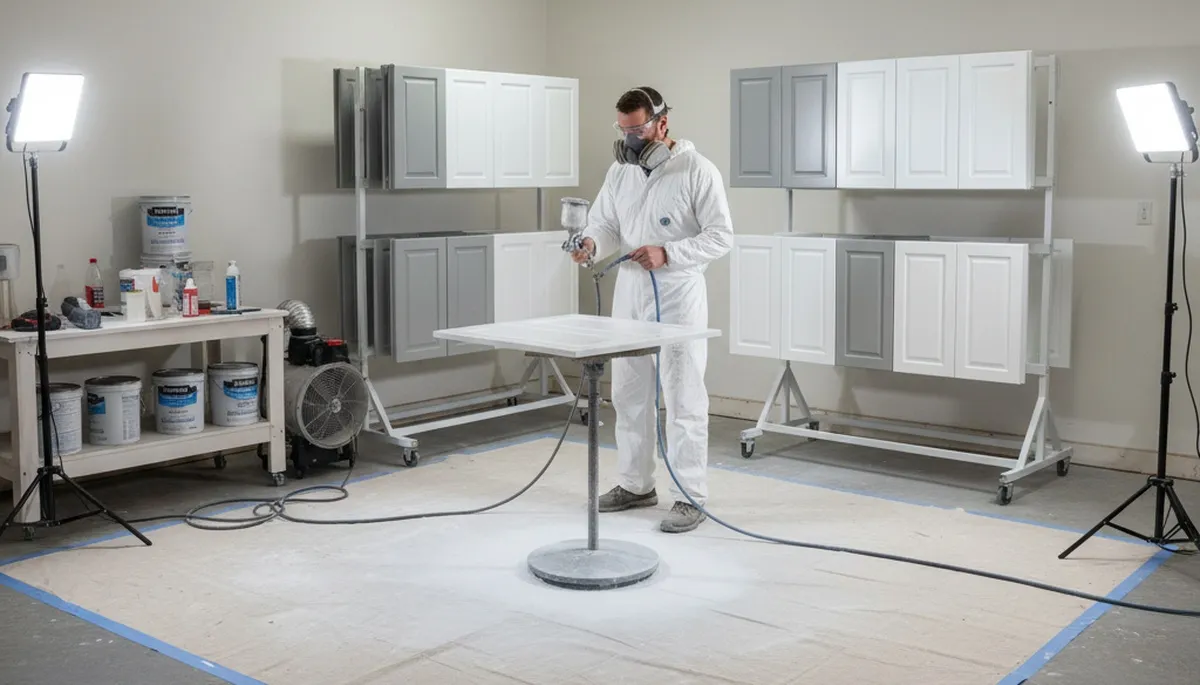 Painter refinishing kitchen cabinets with smooth spray finish in Harrisburg, PA for durable, modern results