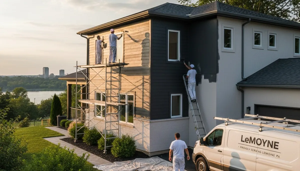 Professional house painters finishing exterior home painting project in Harrisburg, PA