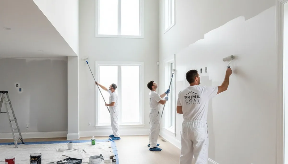 Professional interior house painters working in Harrisburg, PA living room with fresh wall colors