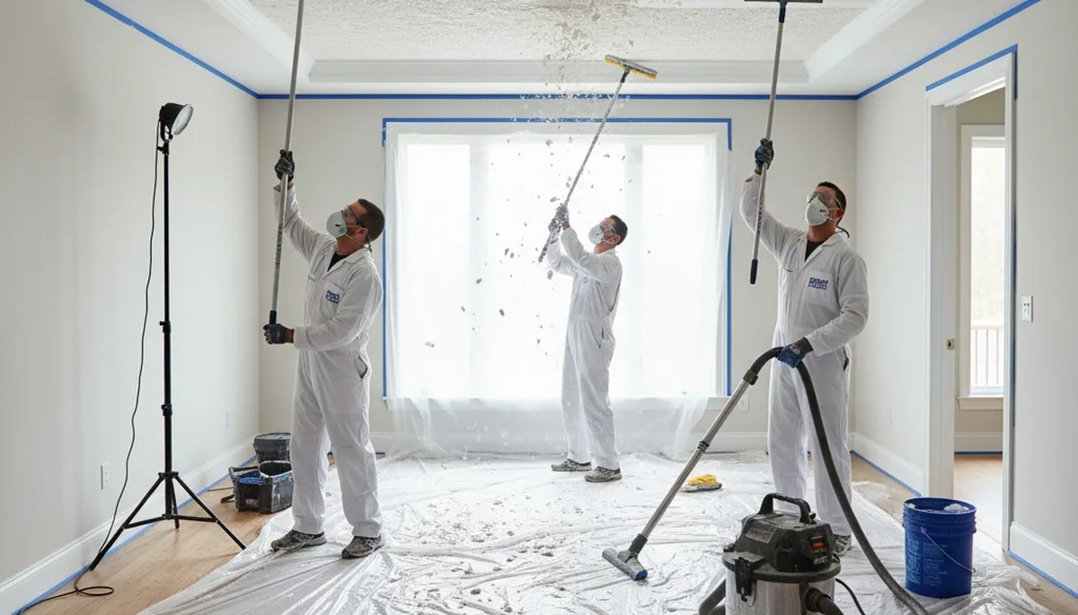 Painter removing popcorn ceiling in Harrisburg PA home for smooth modern finish and ceiling refinishing