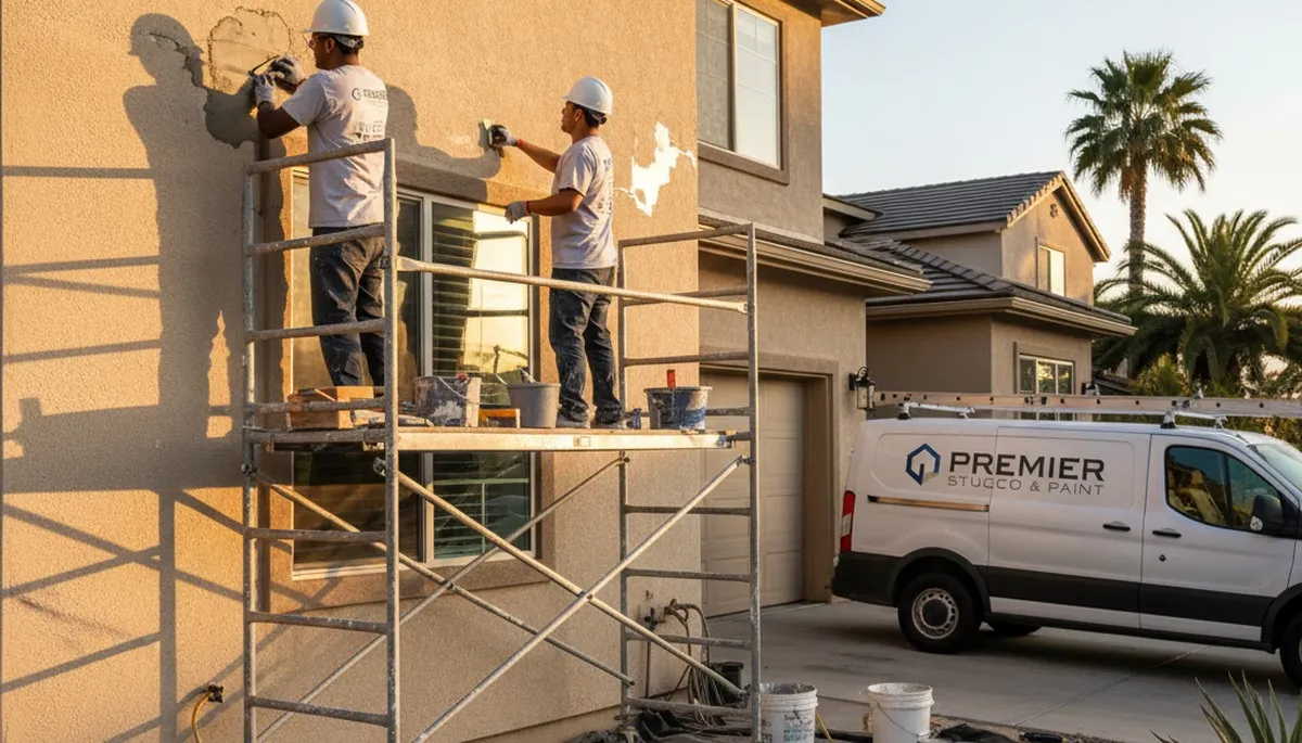 Professional stucco repair on Harrisburg, PA home exterior by local house-painting experts